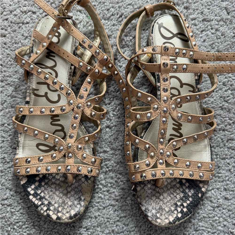 Sam Edelman Tan Studded Strappy Sandals with Snake-Print Footbed
